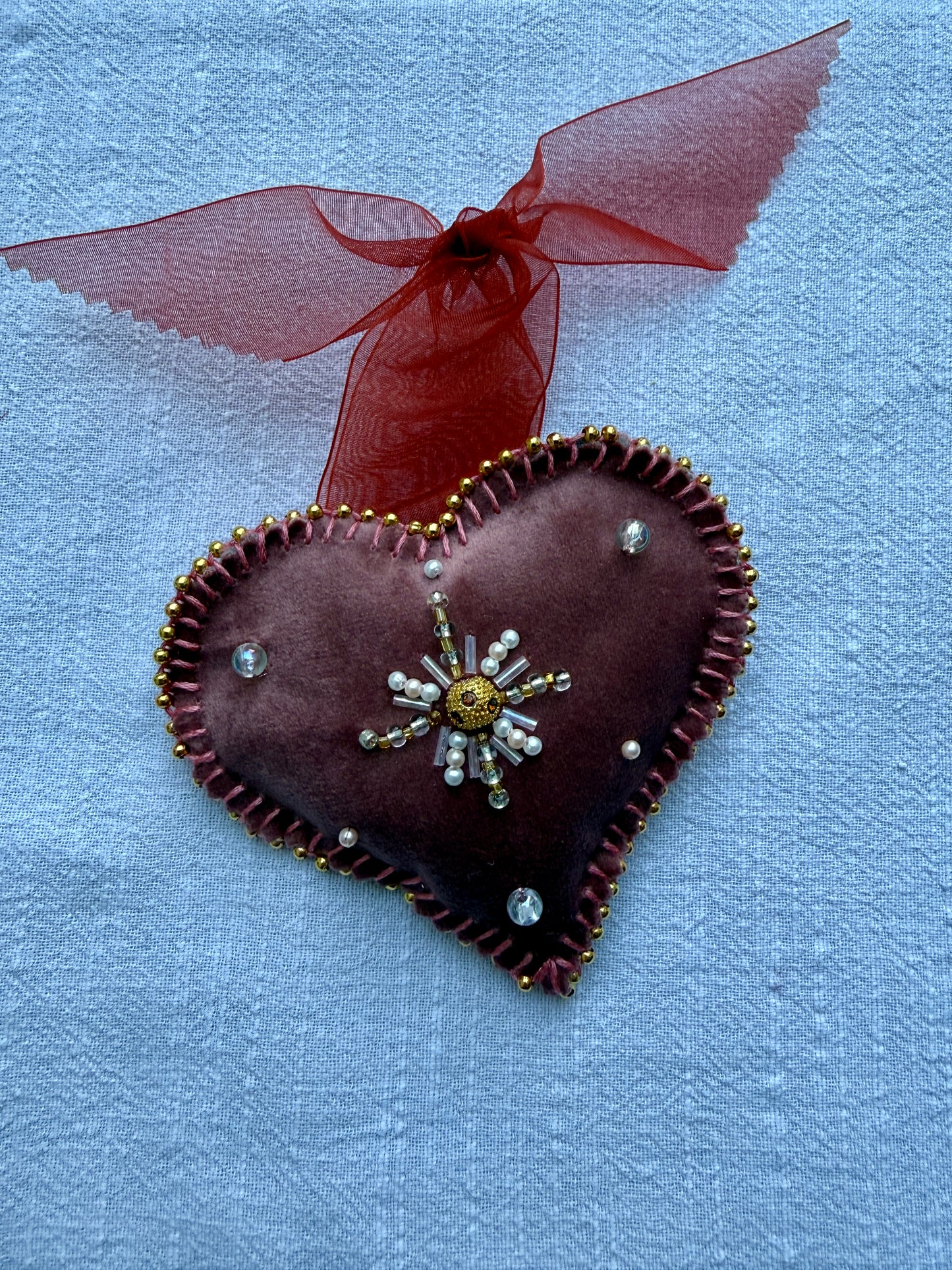 HANDMADE BEADED CHRISTMAS TREE HEARTS