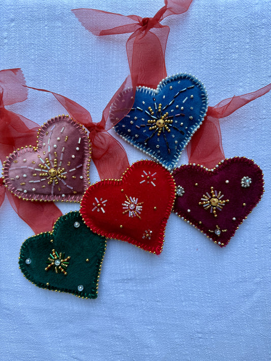 HANDMADE BEADED CHRISTMAS TREE HEARTS