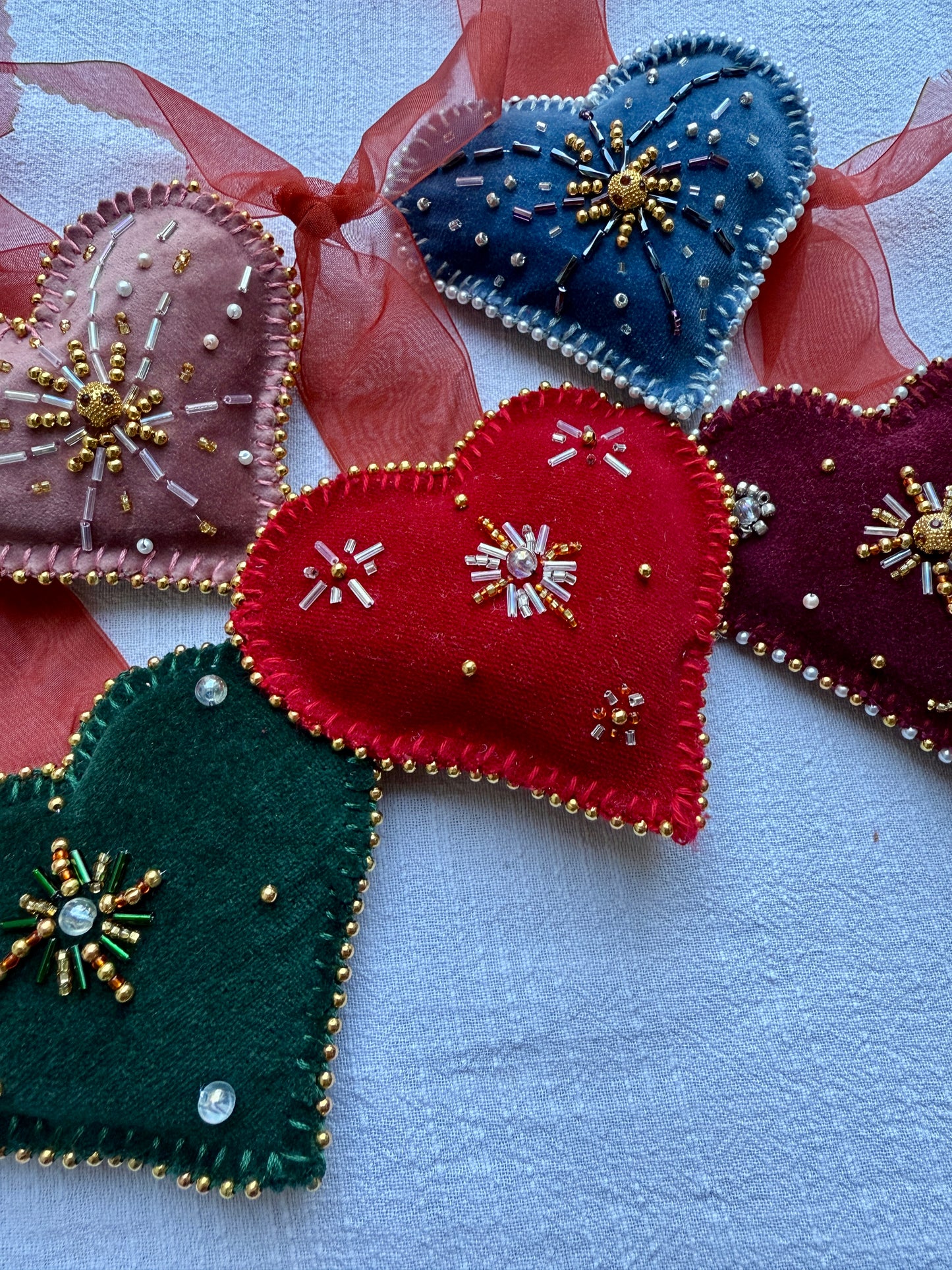 HANDMADE BEADED CHRISTMAS TREE HEARTS