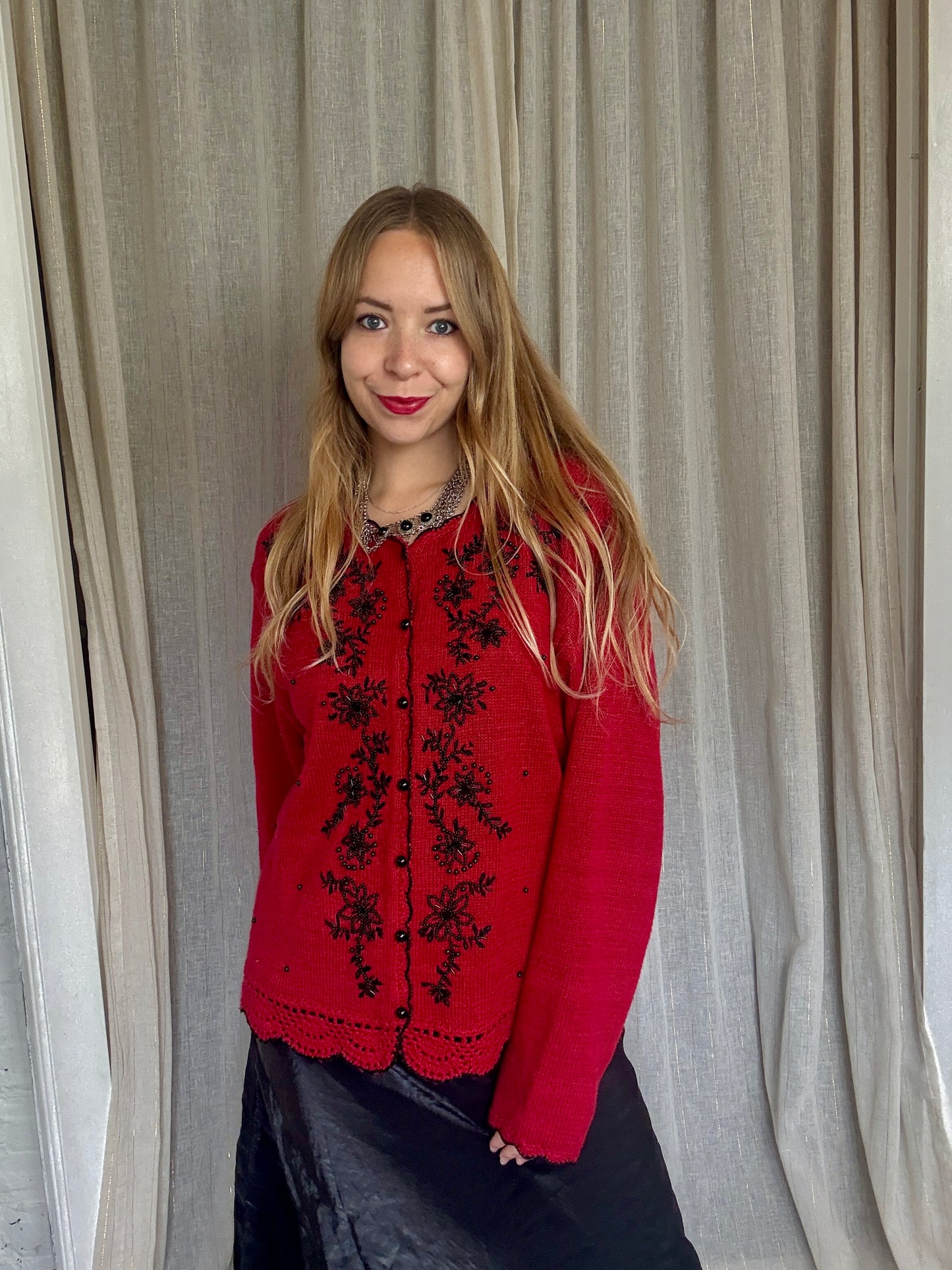 VINTAGE RED BEADED MILLIE CARDIGAN - UK 8-14