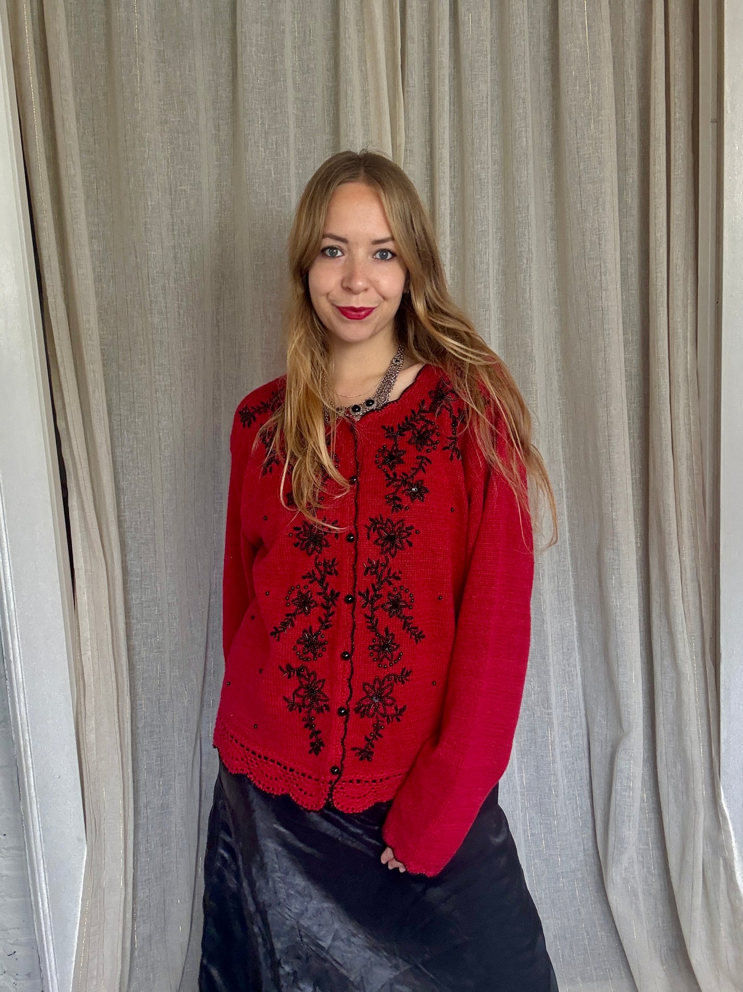 VINTAGE RED BEADED MILLIE CARDIGAN - UK 8-14