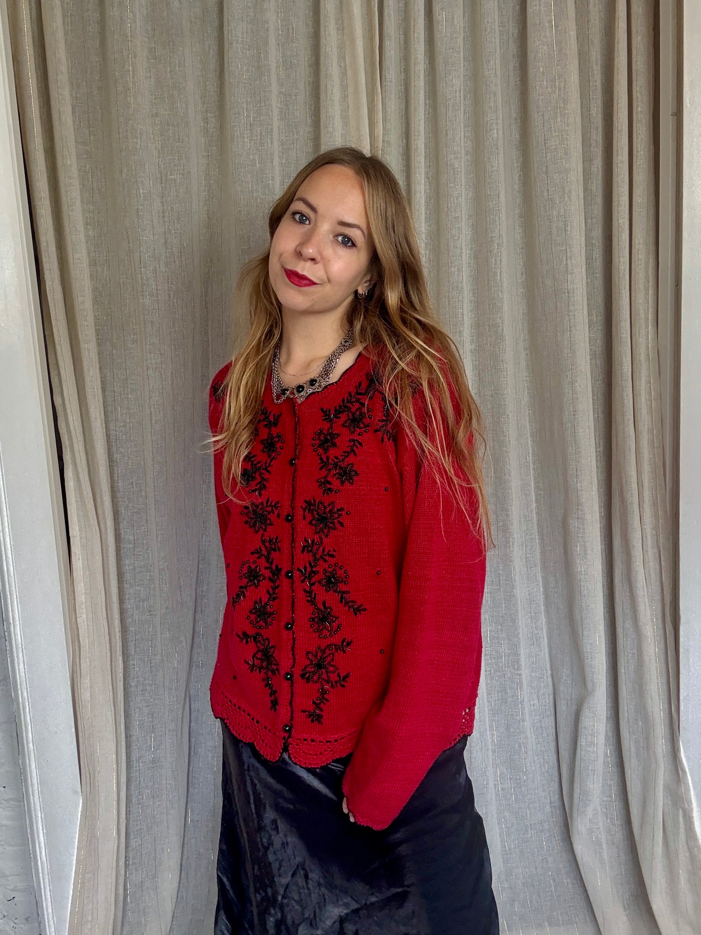VINTAGE RED BEADED MILLIE CARDIGAN - UK 8-14