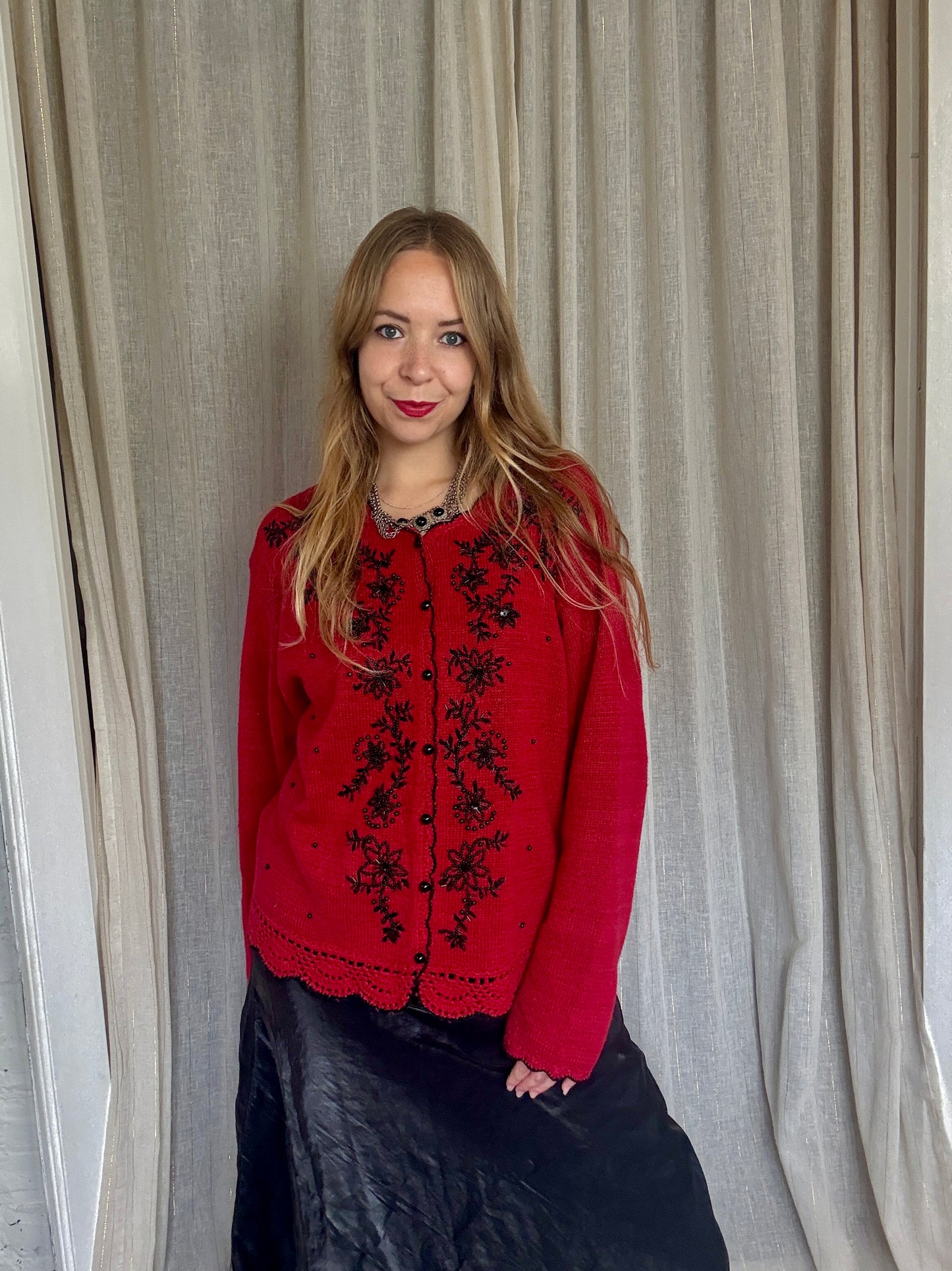 VINTAGE RED BEADED MILLIE CARDIGAN - UK 8-14
