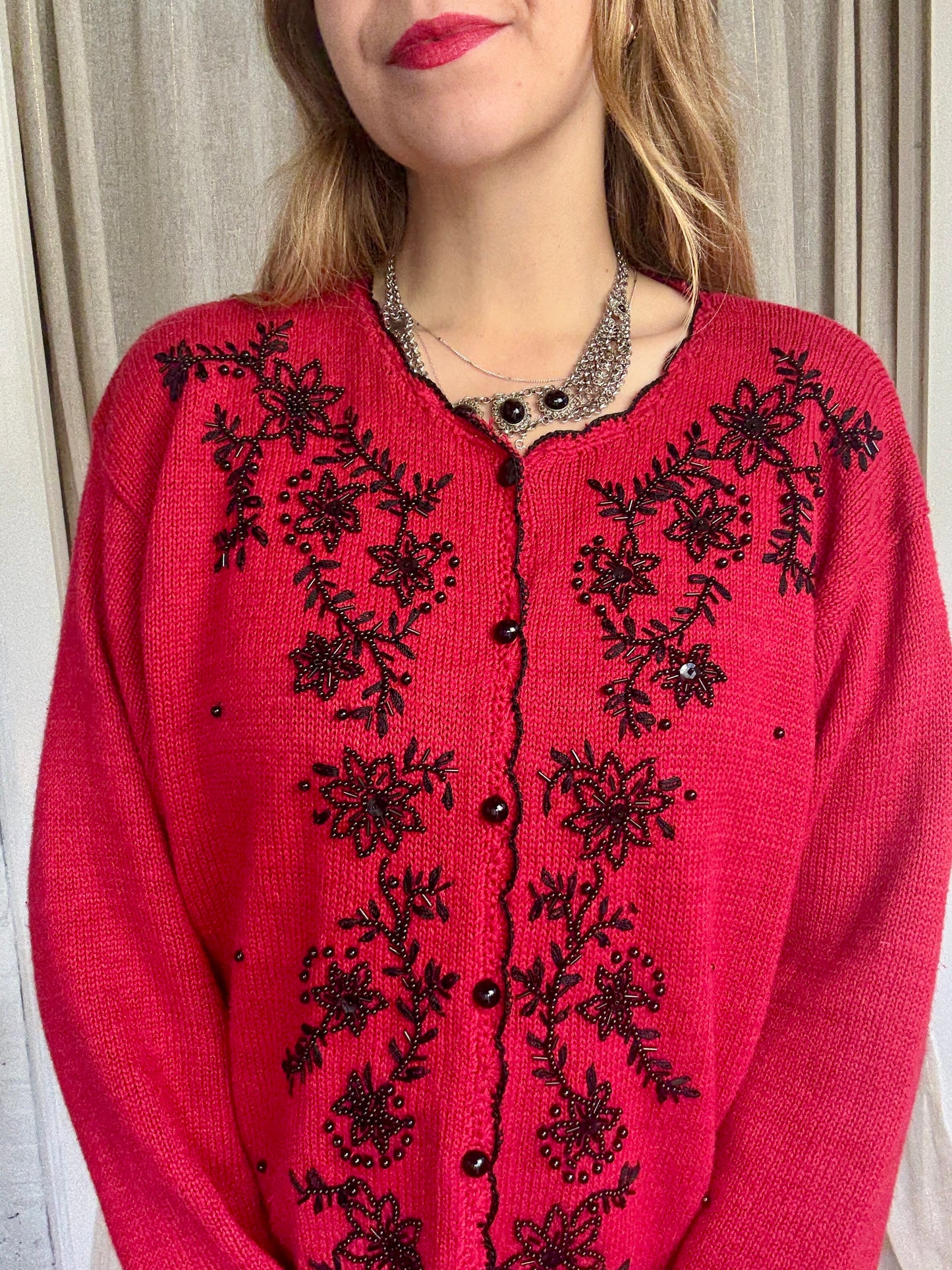 VINTAGE RED BEADED MILLIE CARDIGAN - UK 8-14