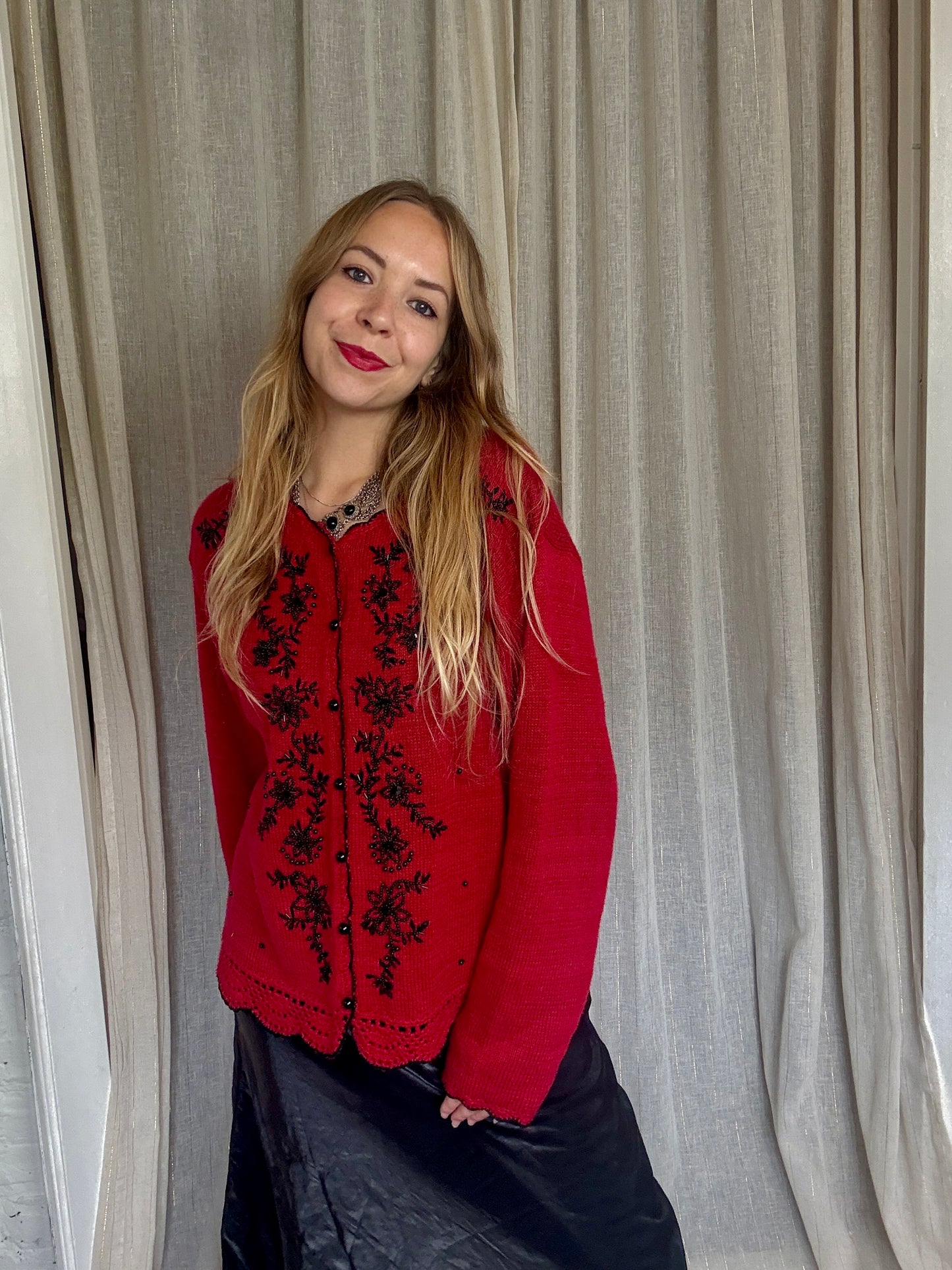 VINTAGE RED BEADED MILLIE CARDIGAN - UK 8-14