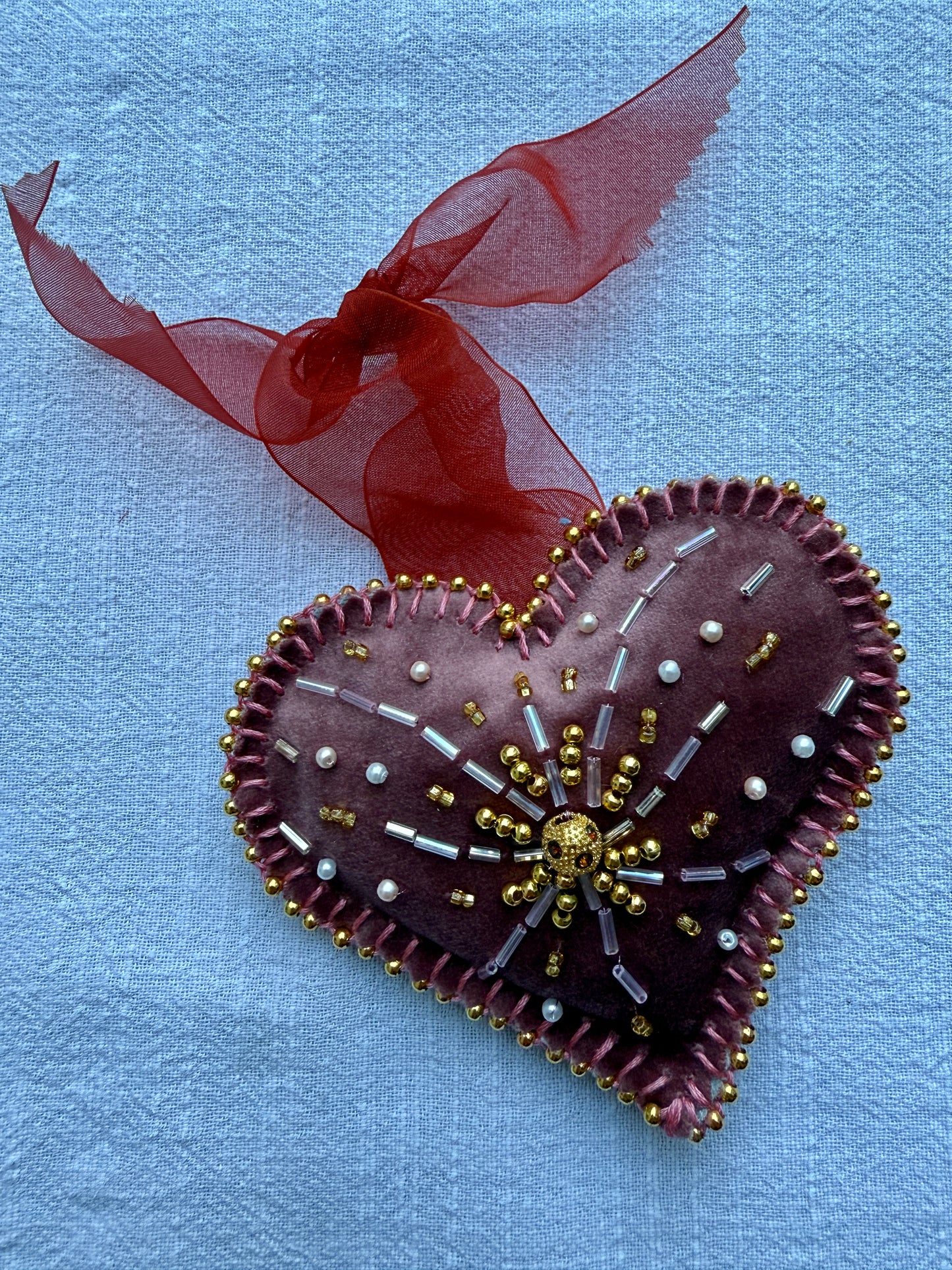 HANDMADE BEADED CHRISTMAS TREE HEARTS