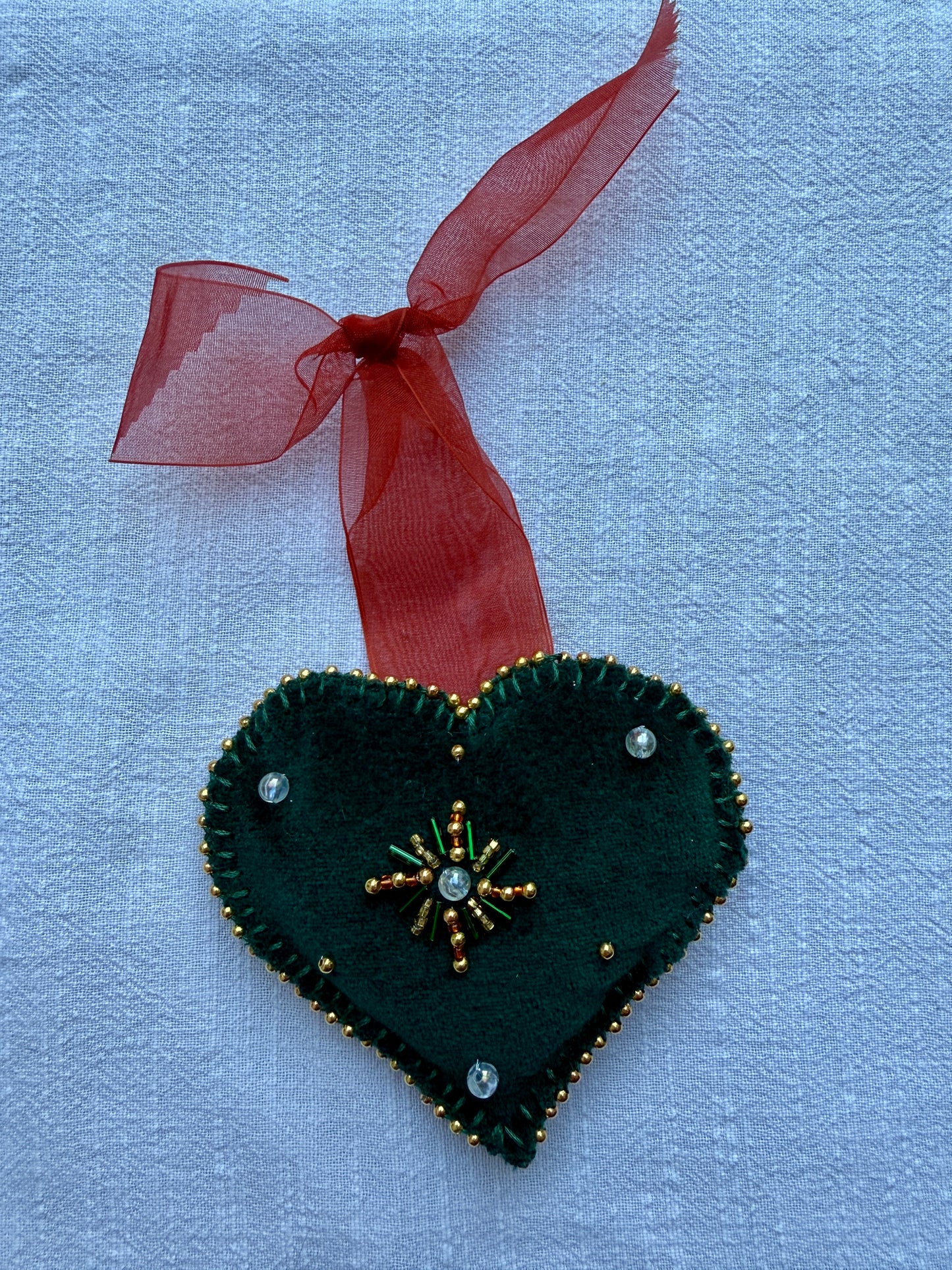 HANDMADE BEADED CHRISTMAS TREE HEARTS