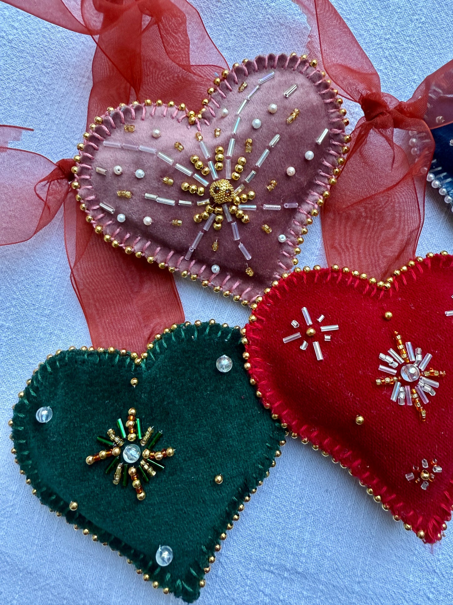 HANDMADE BEADED CHRISTMAS TREE HEARTS