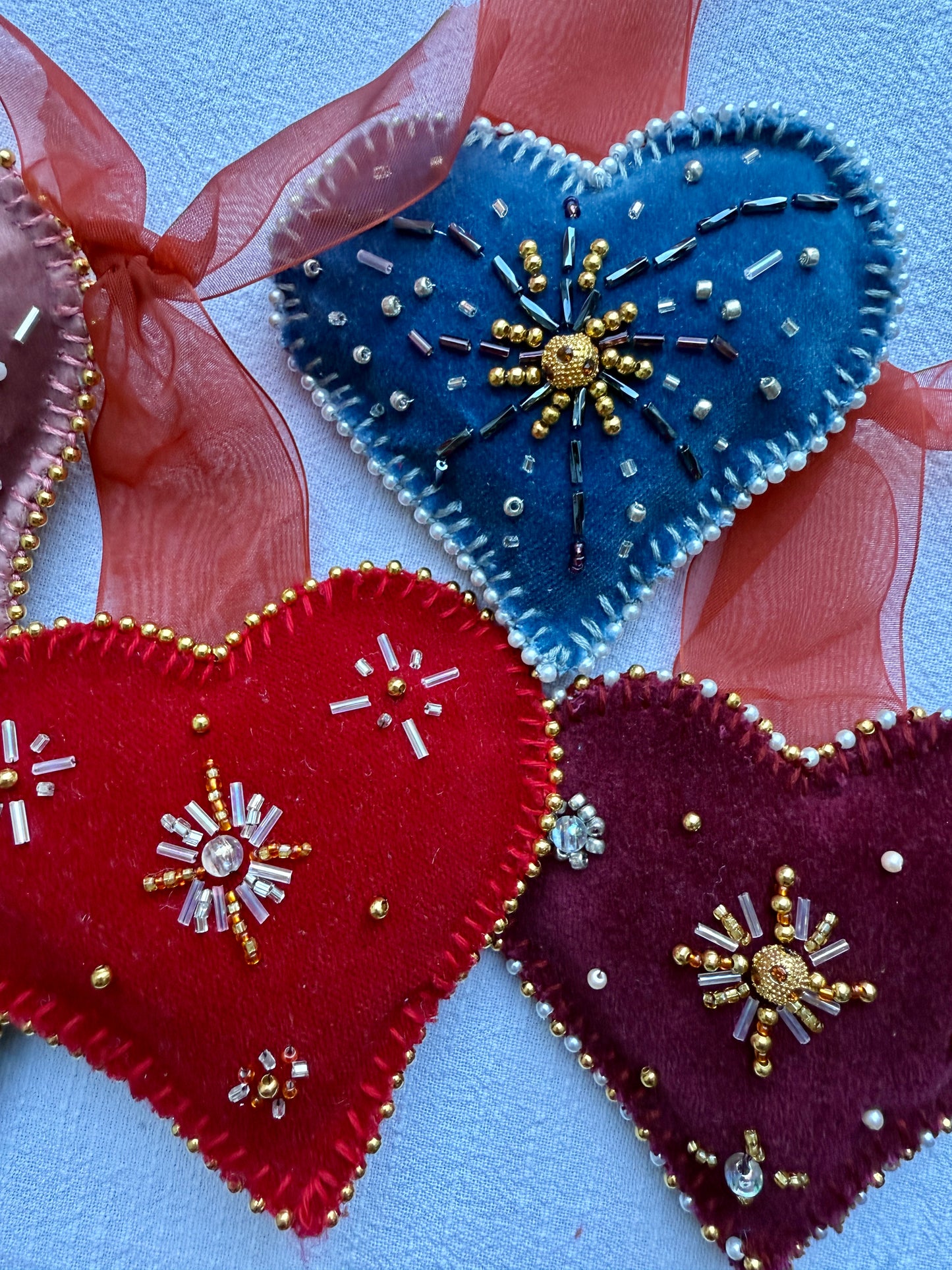 HANDMADE BEADED CHRISTMAS TREE HEARTS