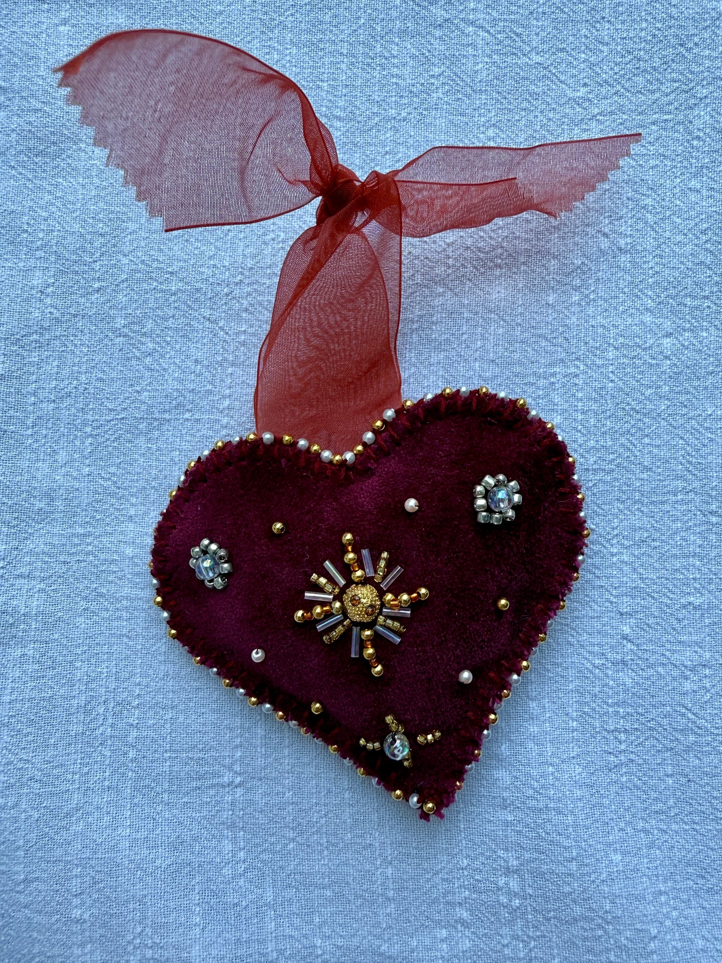 HANDMADE BEADED CHRISTMAS TREE HEARTS
