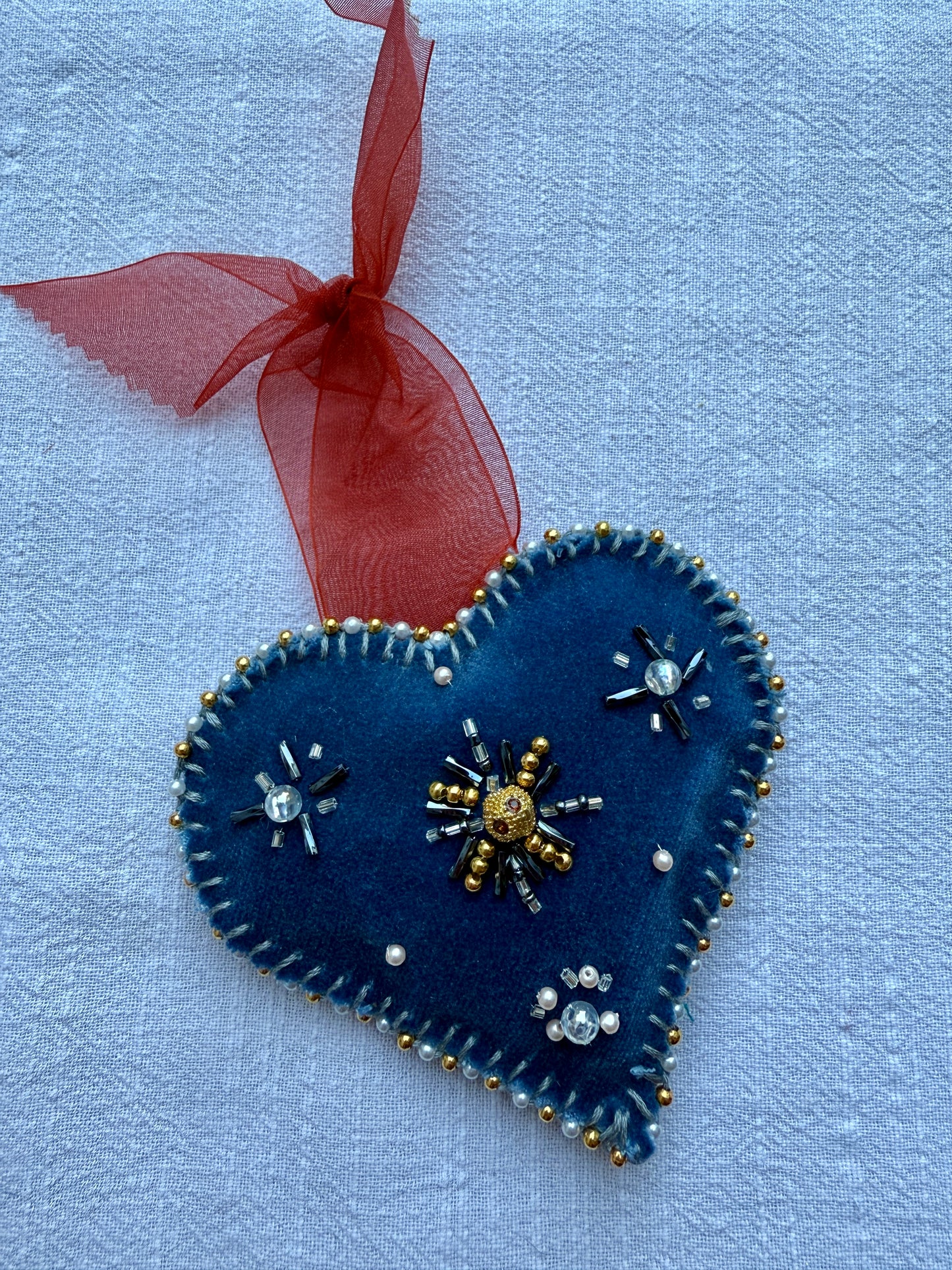 HANDMADE BEADED CHRISTMAS TREE HEARTS