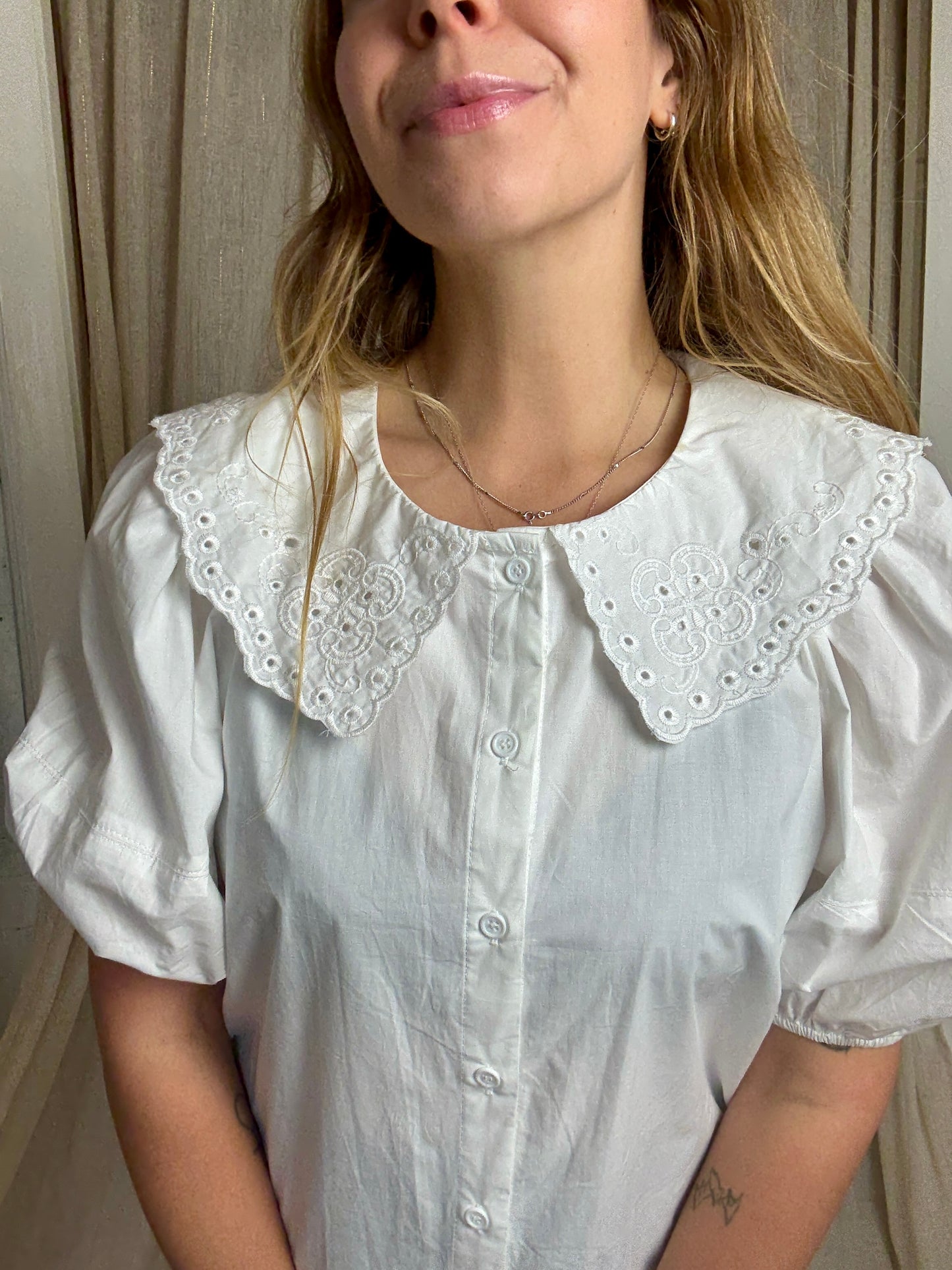 100% COTTON EMBROIDERED COLLAR EDIE BLOUSE - UK 12/14