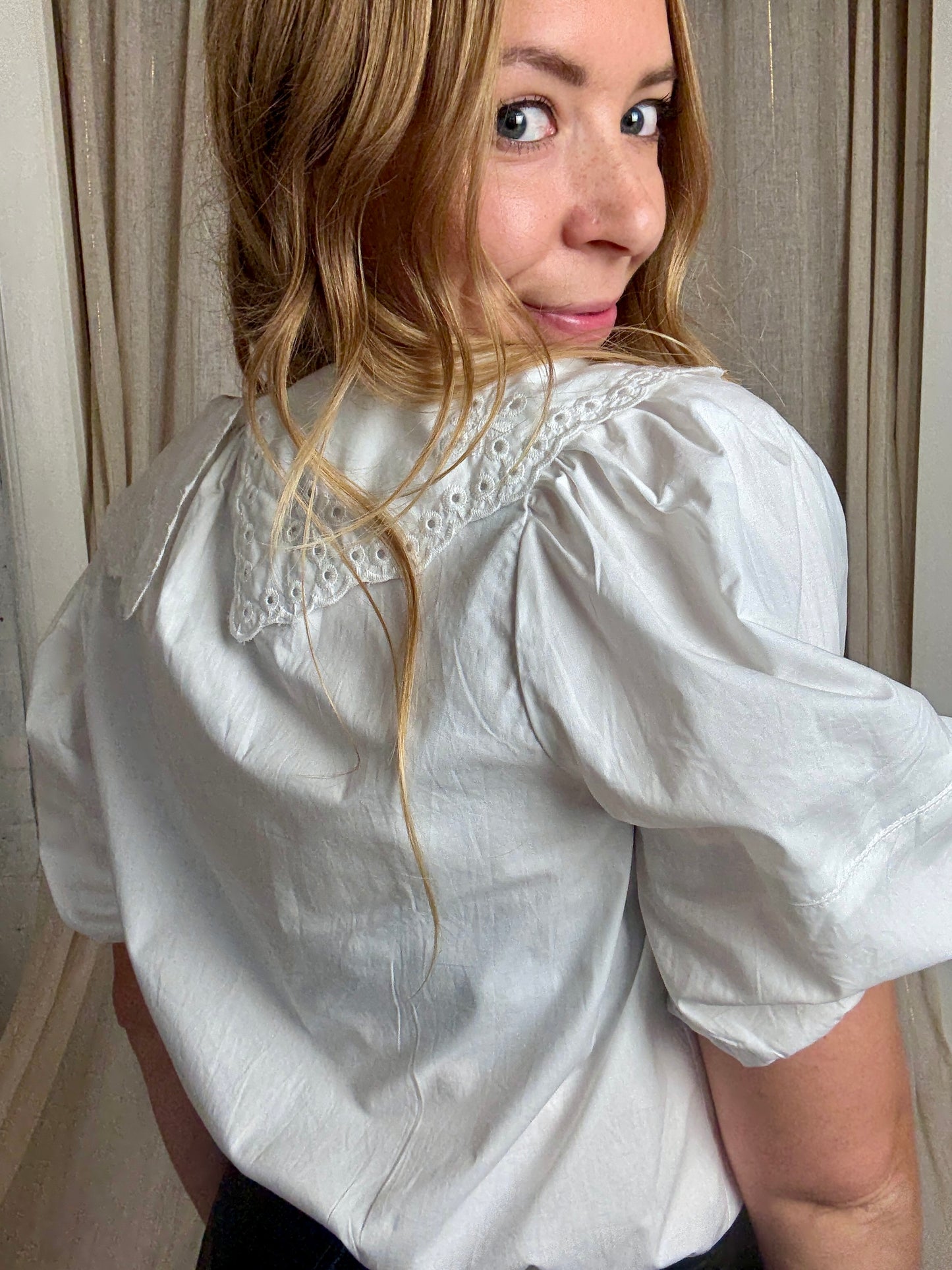 100% COTTON EMBROIDERED COLLAR EDIE BLOUSE - UK 12/14