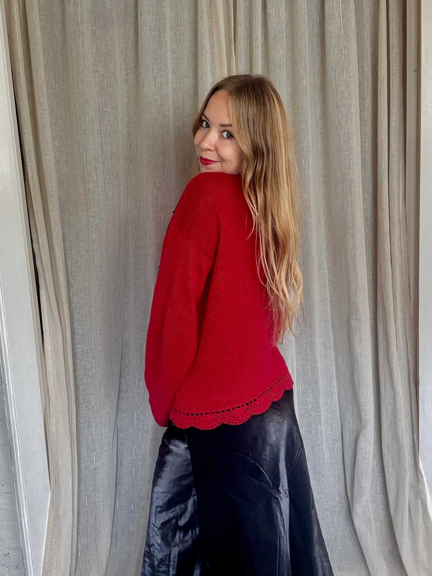 VINTAGE RED BEADED MILLIE CARDIGAN - UK 8-14