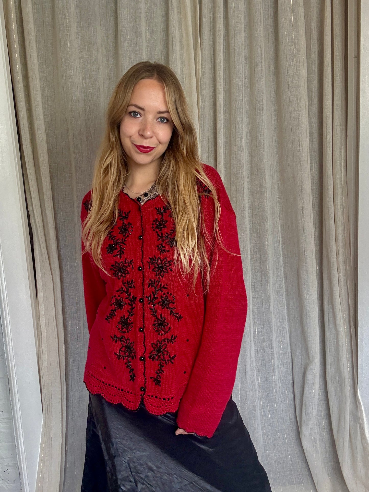 VINTAGE RED BEADED MILLIE CARDIGAN - UK 8-14