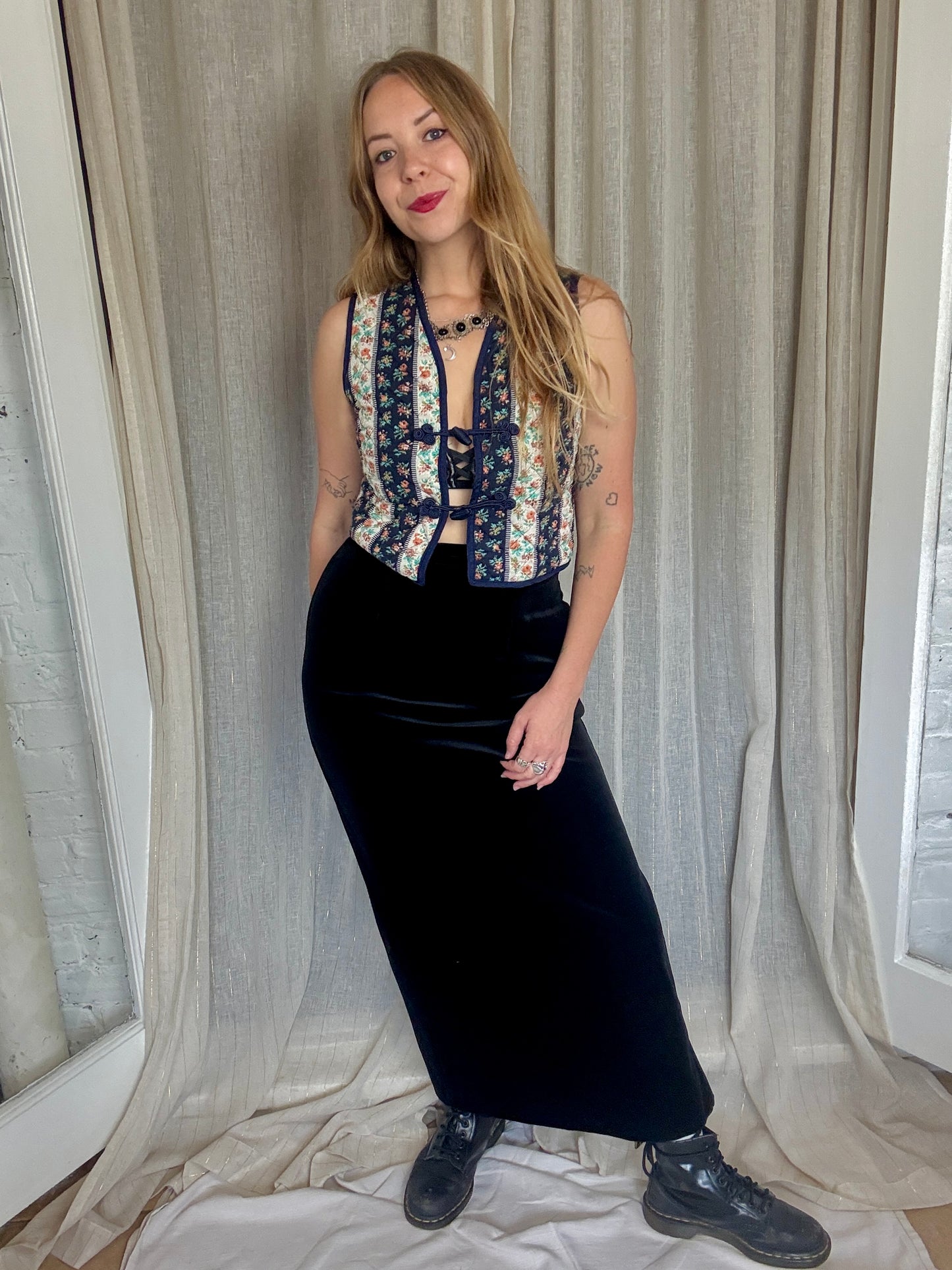 VINTAGE BLACK VELVET MEENA MAXI SKIRT - UK 10/12