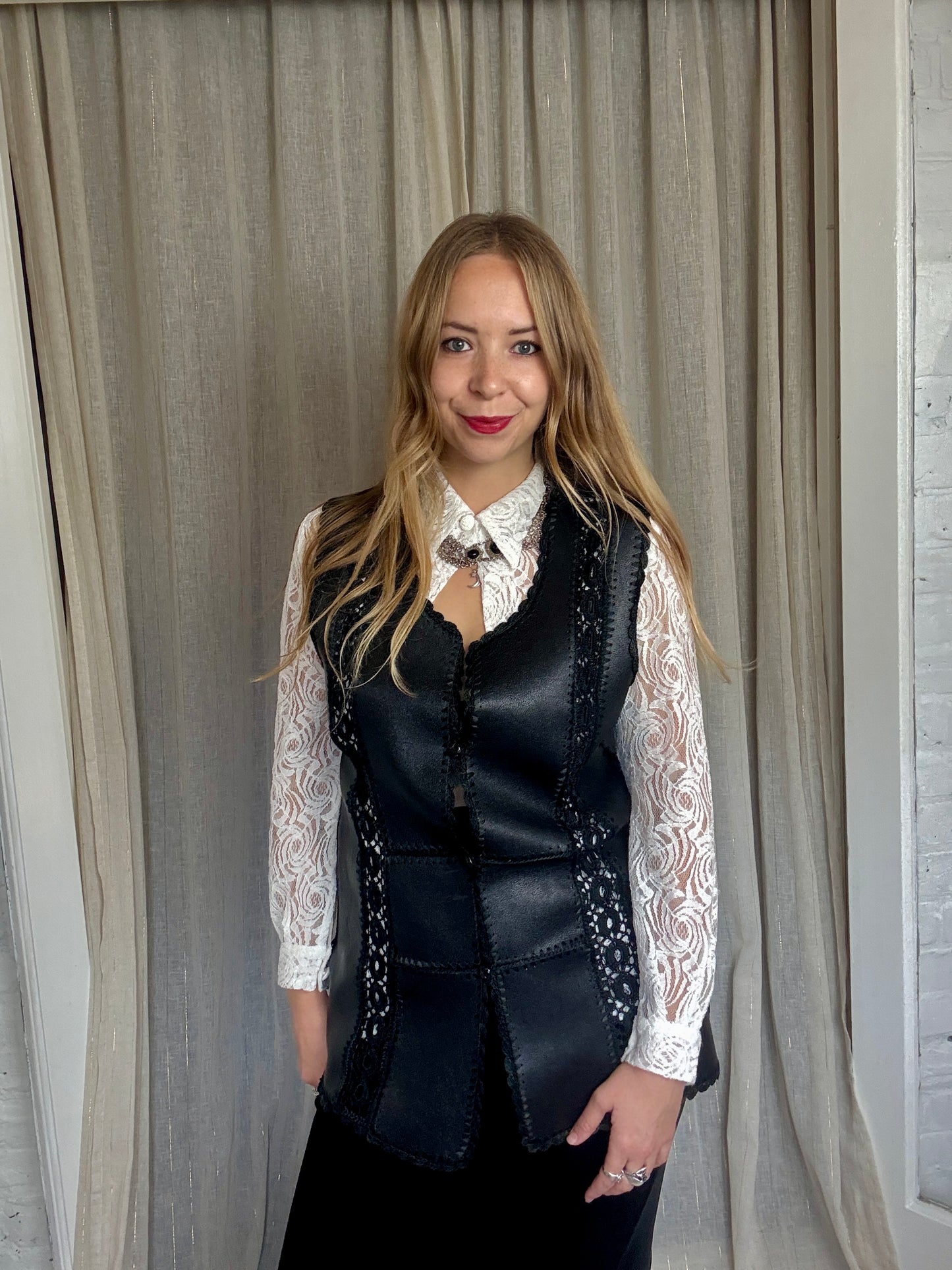 FAUX LEATHER + CROCHET WAISTCOAT - UK 12/14