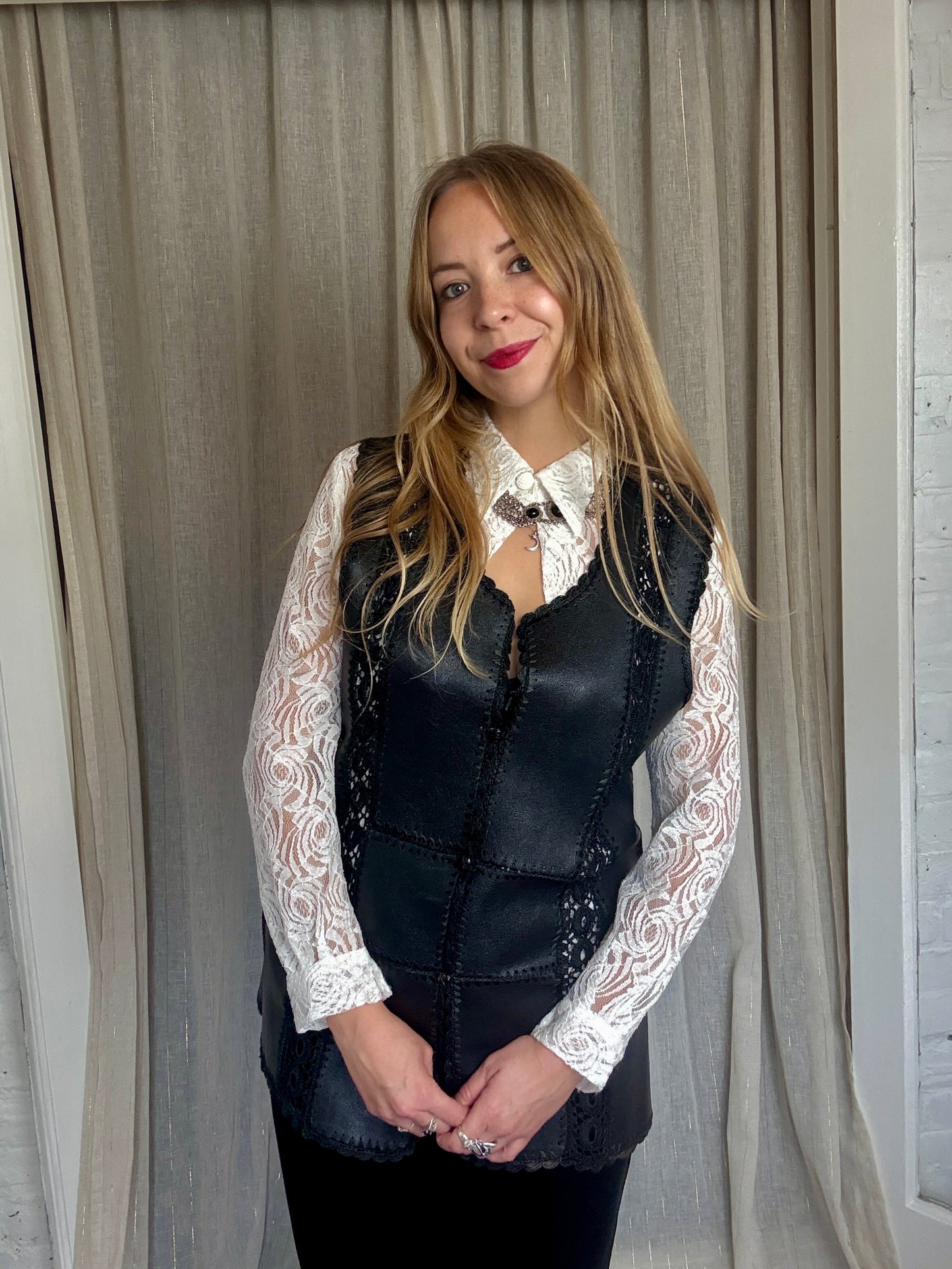 FAUX LEATHER + CROCHET WAISTCOAT - UK 12/14